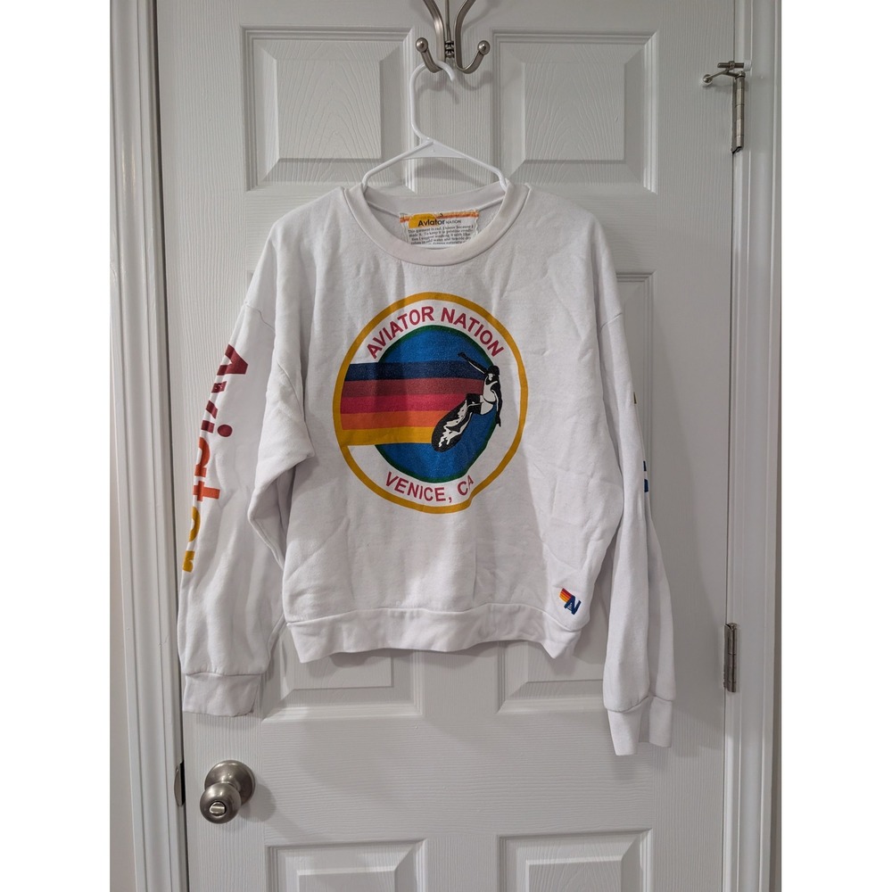 Aviator Nation, Small Relaxed Venice Crew Neck Sweatshirt, White, Unisex